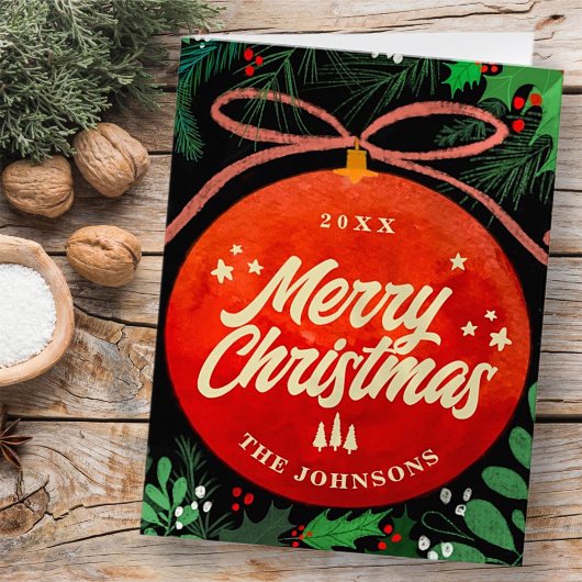 Moderne Rode Kerstbal Ornamente Botanisch Feestdagen Kaart