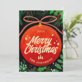 Moderne Rode Kerstbal Ornamente Botanisch Feestdagenkaart (Staand voorkant)