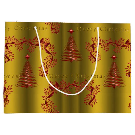 Moderne rode kerstbomen op goud groot cadeauzakje (Achterkant)
