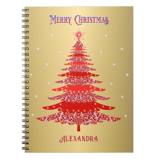 Moderne rode kerstboom sneeuwvlokken naam goud notitieboek (Voorkant)