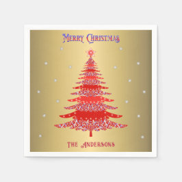Moderne rode kerstboom sneeuwvlokken naam goud servet