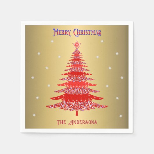 Moderne rode kerstboom sneeuwvlokken naam goud servet (Voorkant)