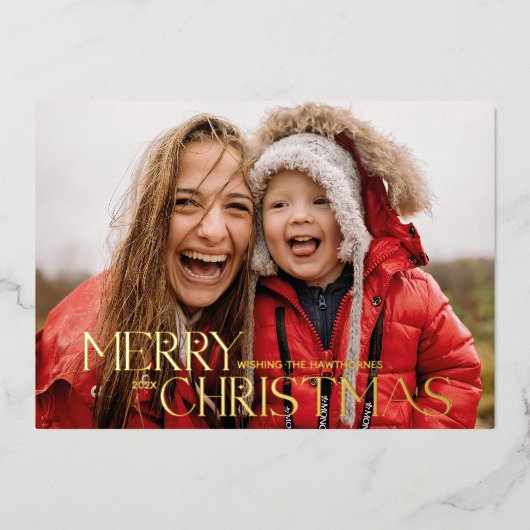 Moderne rode kerstkaart met echte fotofeestdag folie feestdagenkaart (Voorkant)