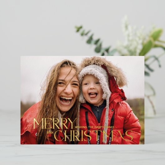 Moderne rode kerstkaart met echte fotofeestdag folie feestdagenkaart (Staand Voorkant)