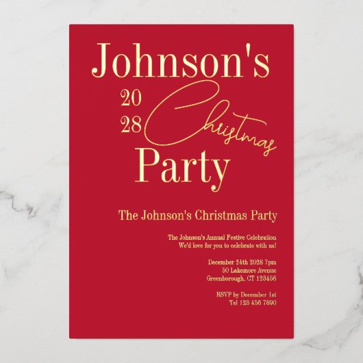 Moderne Rode Kerstmis Party uitnodiging Echt Goud (Voorkant)