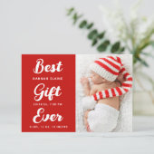 Moderne rode kerstvakantie geboorte aankondiging (Staand voorkant)