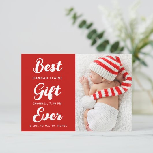 Moderne rode kerstvakantie geboorte aankondiging (Staand voorkant)