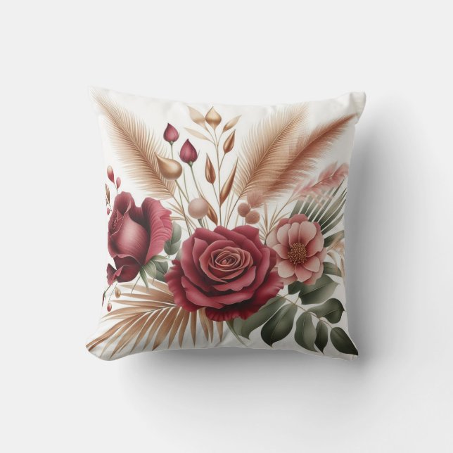 Moderne rode kleur roos met eucalyptus kussen (Voorkant)