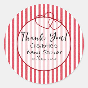 Moderne Rode Krijtstrepen Dubbele Hartjes Baby Sho Ronde Sticker