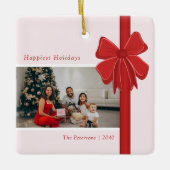 Moderne Rode Lint Boog Wrap Foto Kerstmis Keramisch Ornament (Voorkant)