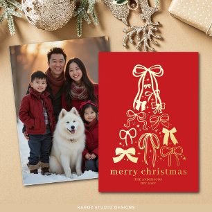 Moderne Rode Lint Boom Kerstfoto Goud Folie Feestdagenkaart