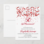 Moderne rode lint & Confetti 50e verjaardag Uitnodiging Briefkaart (Voorkant / Achterkant)
