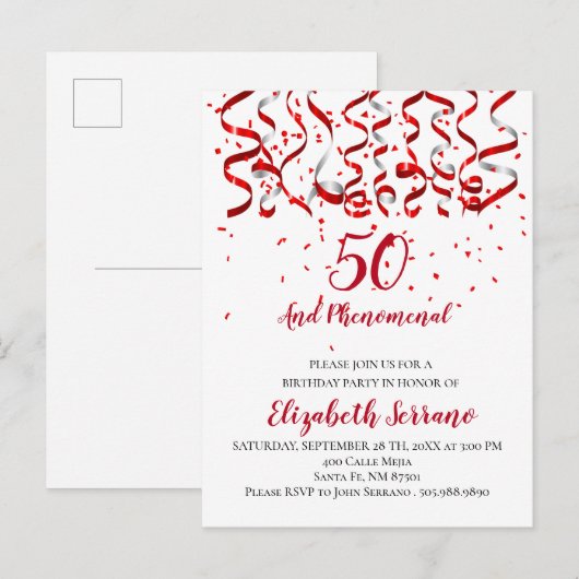 Moderne rode lint & Confetti 50e verjaardag Uitnodiging Briefkaart (Voorkant / Achterkant)