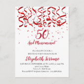 Moderne rode lint & Confetti 50e verjaardag Uitnodiging Briefkaart (Voorkant)