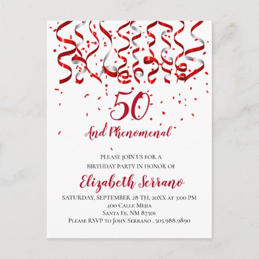 Moderne rode lint & Confetti 50e verjaardag Uitnodiging Briefkaart (Voorkant)