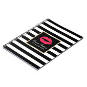 Moderne rode lips elegant zwart-witstrepen notitieboek (Linkerzijde)