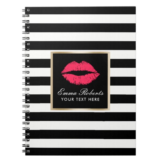 Moderne rode lips elegant zwart-witstrepen notitieboek (Voorkant)