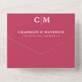 Moderne Rode Magenta-monogram QR-code RSVP-bruilof All In One Uitnodiging (Achterkant)