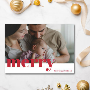Moderne Rode Merry Typografie Familie Foto Kerstmi Feestdagenkaart