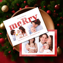 Moderne Rode “Merry” Typografie Foto Familie Feestdagenkaart