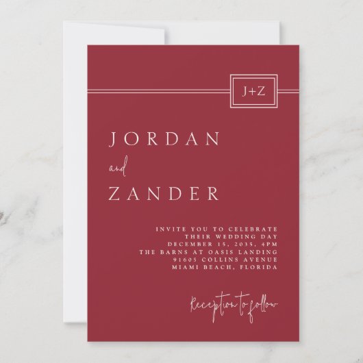 Moderne rode minimalistische monogram bruiloft kaart (Voorkant)