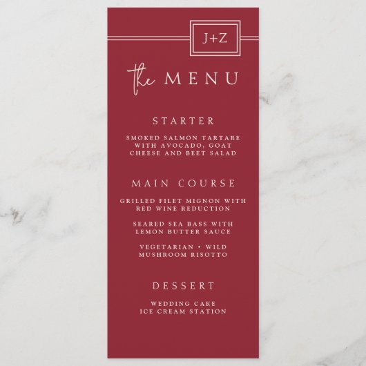 Moderne rode minimalistische monogram bruiloft men menu (Voorkant)
