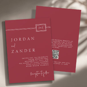Moderne rode minimalistische monogram bruiloft QR- Kaart