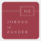 Moderne rode minimalistische monogram bruiloft vierkante sticker (Voorkant)