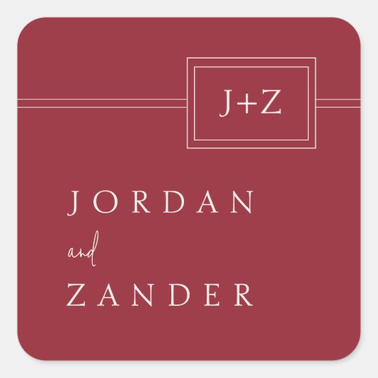 Moderne rode minimalistische monogram bruiloft vierkante sticker (Voorkant)