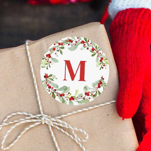 Moderne rode monogram krans bessen Kerstmis Ronde Sticker