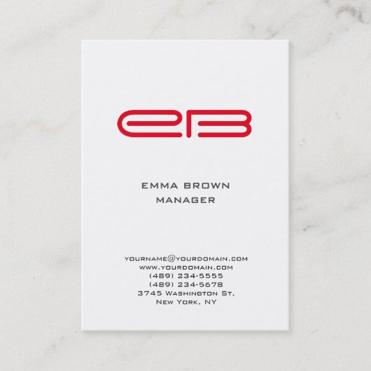 Moderne rode monogram witte achtergrond visitekaartje (Voorkant)