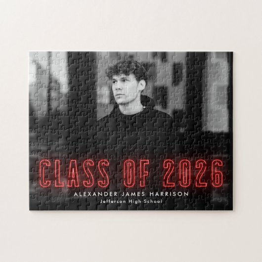Moderne Rode Neon Klasse van 2025 Foto Afstuderen Legpuzzel (Horizontaal)