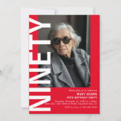 Moderne Rode NINETY Foto 90ste Verjaardagsfeestje Kaart (Voorkant)