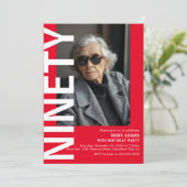 Moderne Rode NINETY Foto 90ste Verjaardagsfeestje Kaart (Staand voorkant)