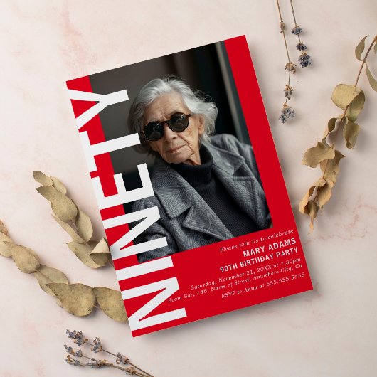 Moderne Rode NINETY Foto 90ste Verjaardagsfeestje Kaart