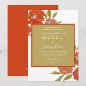 Moderne rode oranje gouden bloemige trouwuitnodigi kaart (Voorkant / Achterkant)