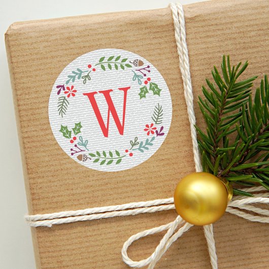 Moderne Rode Oranje Monogram Kerstkrans Ronde Sticker