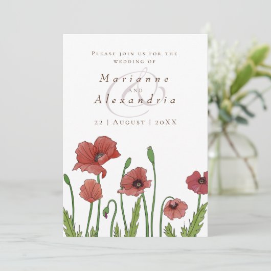 Moderne rode papaver bloemenbruiloft uitnodiging (Staand voorkant)