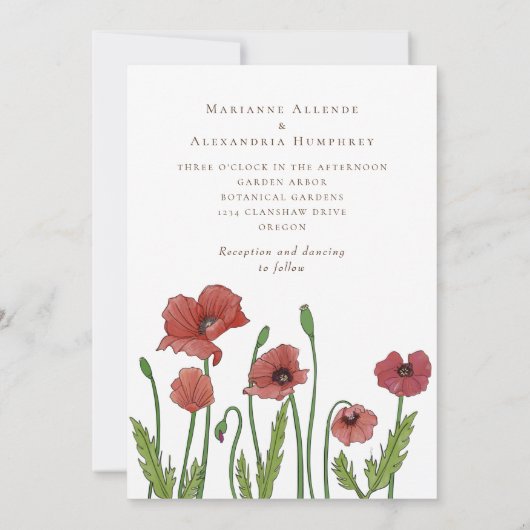 Moderne rode papaver bloemenbruiloft uitnodiging (Achterkant)