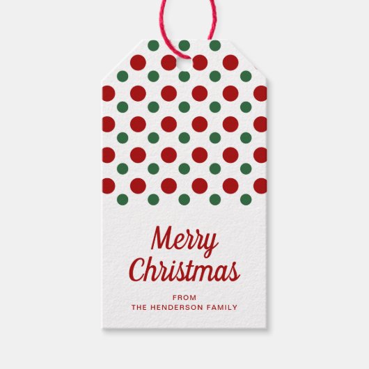 Moderne rode polka stippen vrolijk kerstfeest cadeaulabel (Voorkant)