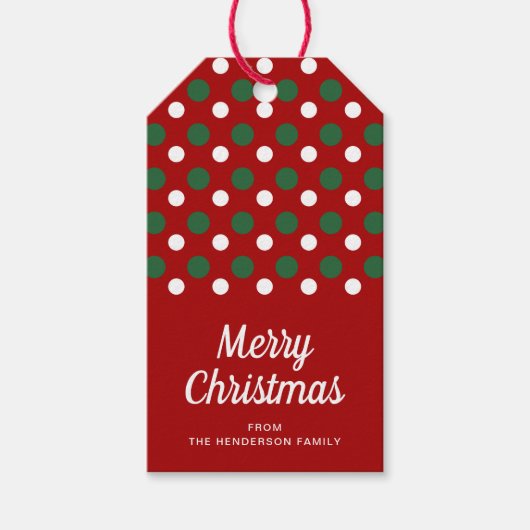 Moderne rode polka stippen vrolijk kerstfeest cadeaulabel (Voorkant)