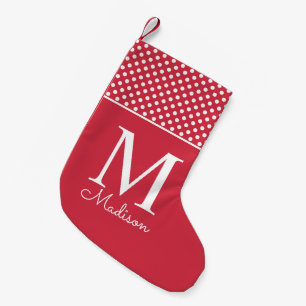 Moderne rode polka stippenpatroon naam monogram kleine kerstsok