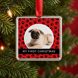 Moderne rode pootafdruk puppy eerste kerst foto metalen ornament