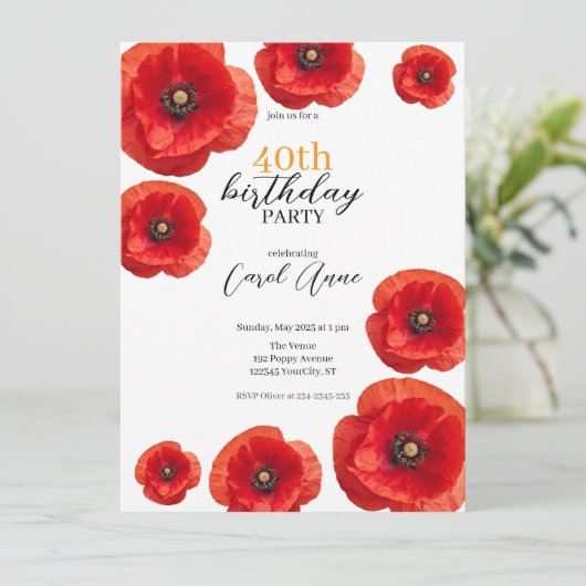 Moderne Rode Poppy Bloemen Verjaardagsfeest Kaart (Staand voorkant)