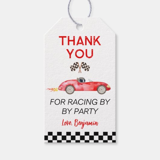 Moderne rode race auto verjaardag cadeaulabel (Voorkant)