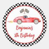 Moderne rode race auto verjaardag ronde sticker (Voorkant)