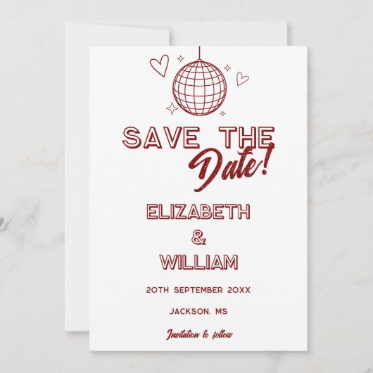 Moderne rode retro disco groovy bruiloft save the date (Voorkant)