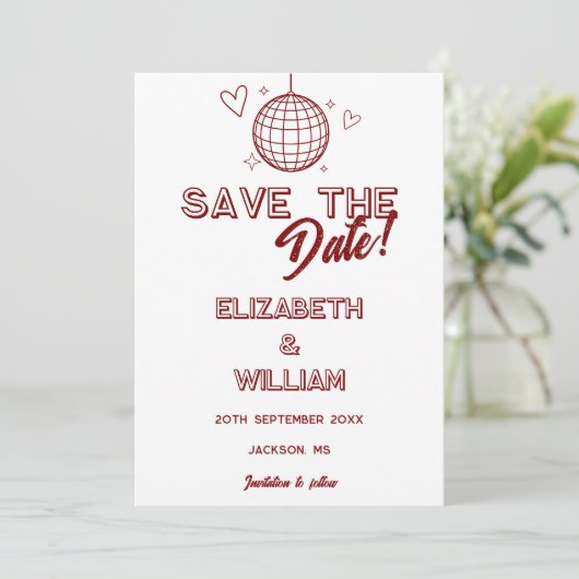 Moderne rode retro disco groovy bruiloft save the date (Staand voorkant)
