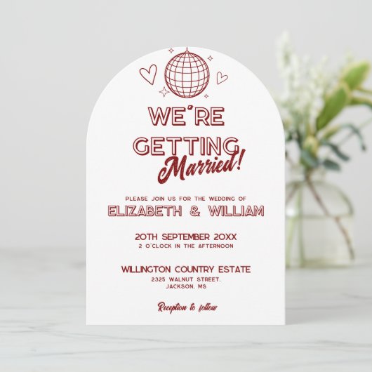 Moderne rode retro disco groovy bruiloft uitnodigi kaart (Staand voorkant)