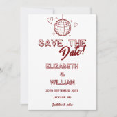 Moderne Rode Retro Disco Groovy Fotobruiloft Save The Date (Voorkant)